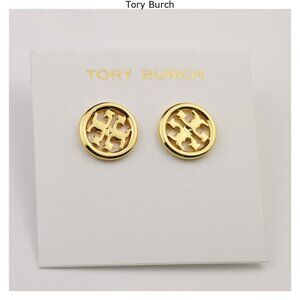 Tory Burch Polished Gold Logo Circle Stud Earrings